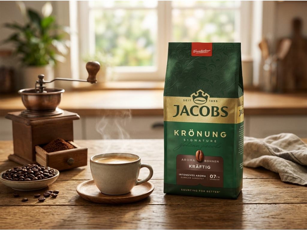 Jacobs Krönung zrnková káva v kuchyni s kávovými zrny