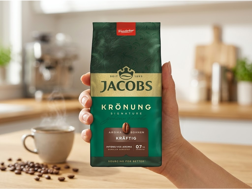 Jacobs Krönung zrnková káva 500 g držená v ruce