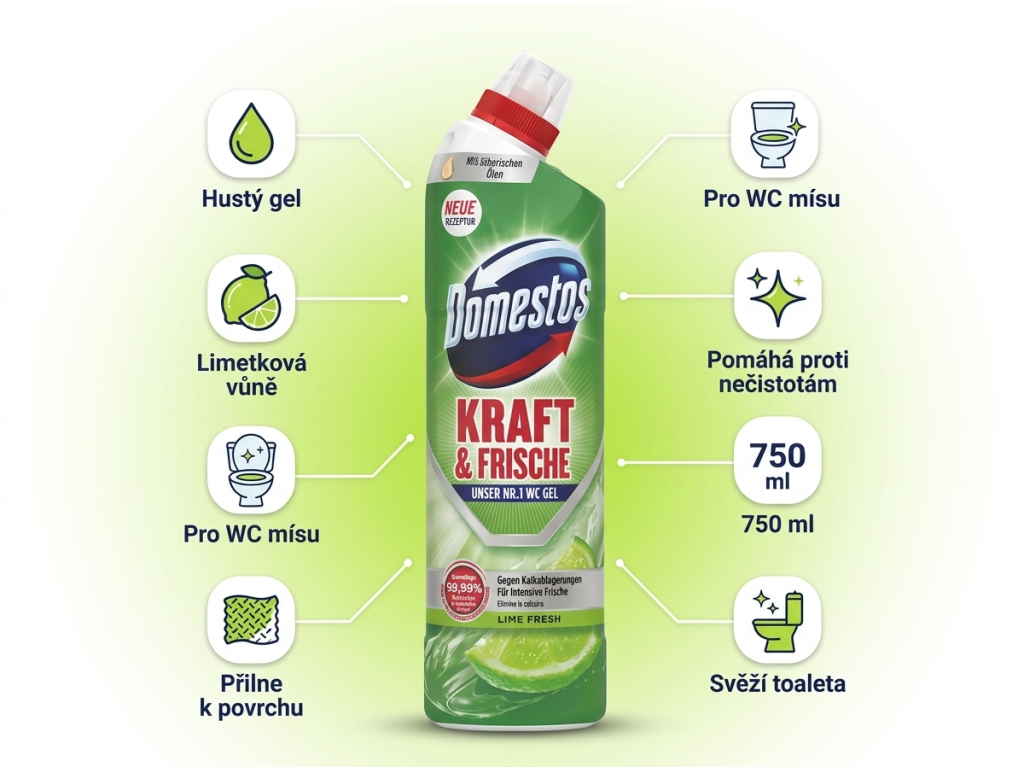 Domestos WC gel s vůní limetky - hlavní výhody