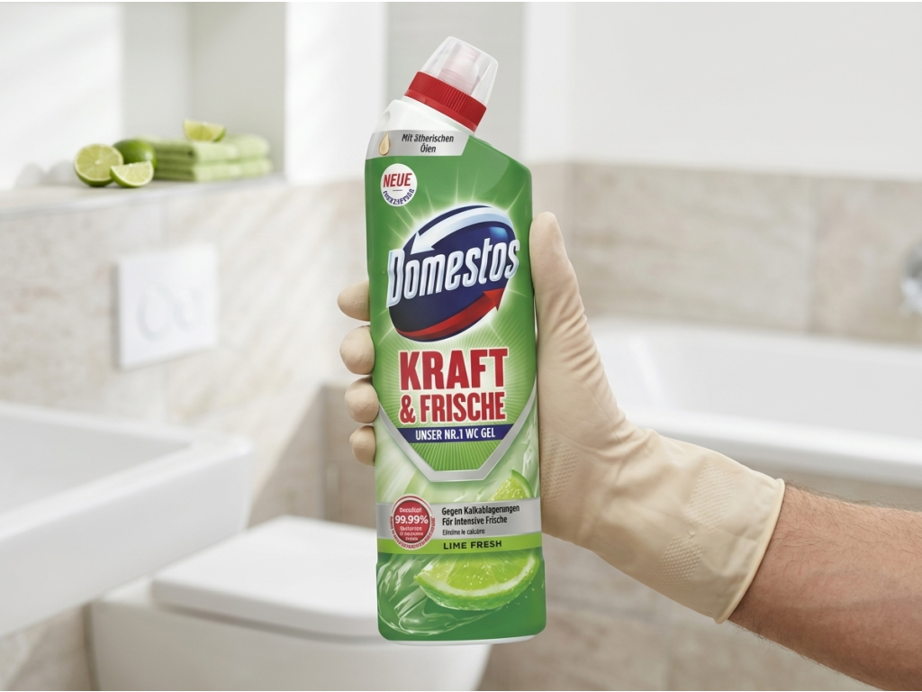 Domestos WC gel 750 ml držený v ruce