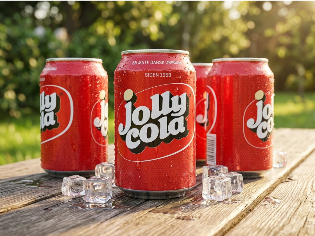 Jolly Cola plechovky v letním prostředí