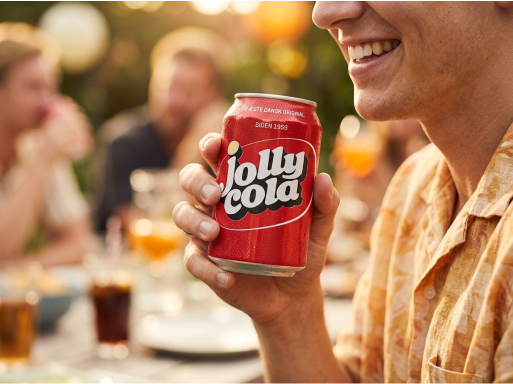 Mladý člověk si vychutnává Jolly Colu na párty