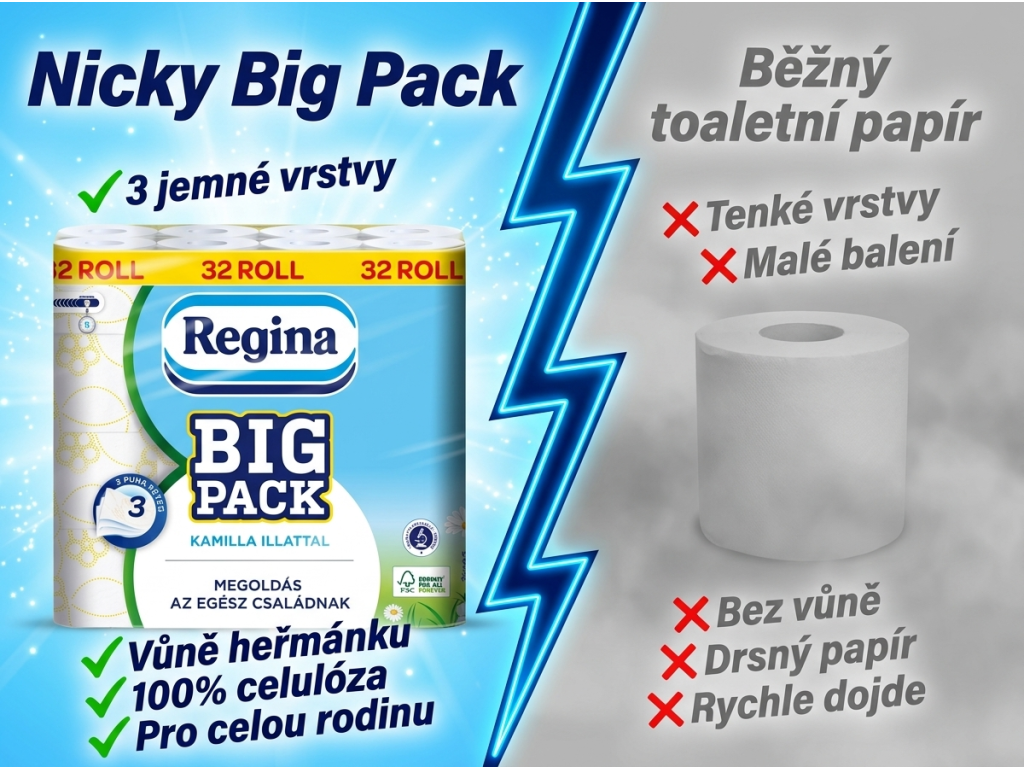 Nicky Big Pack toaletní papír s heřmánkem - srovnání s běžným papírem