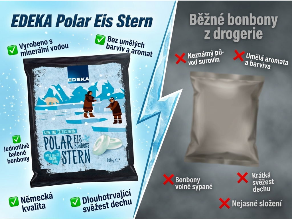 Edeka Ledové bonbony 200 g - srovnání s běžnými bonbony