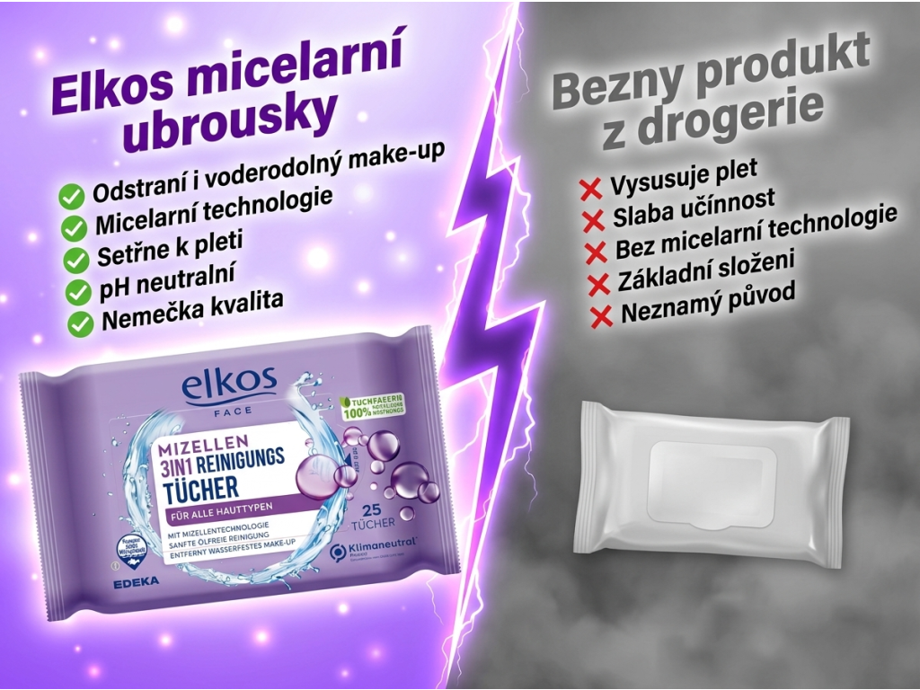 Srovnání Elkos micelárních ubrousků s běžným produktem