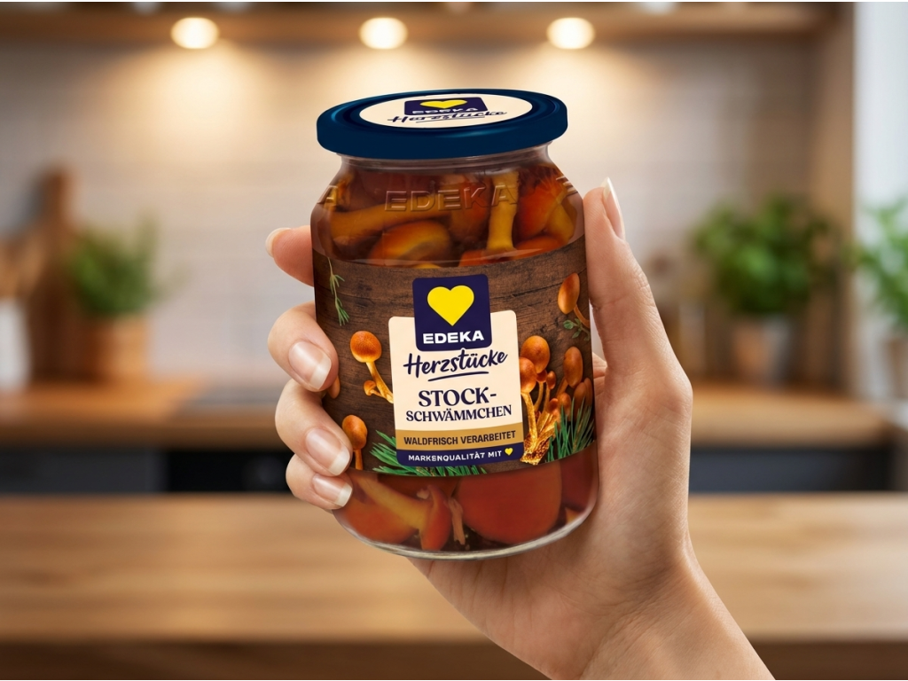Edeka nakládané opěnky držené v ruce
