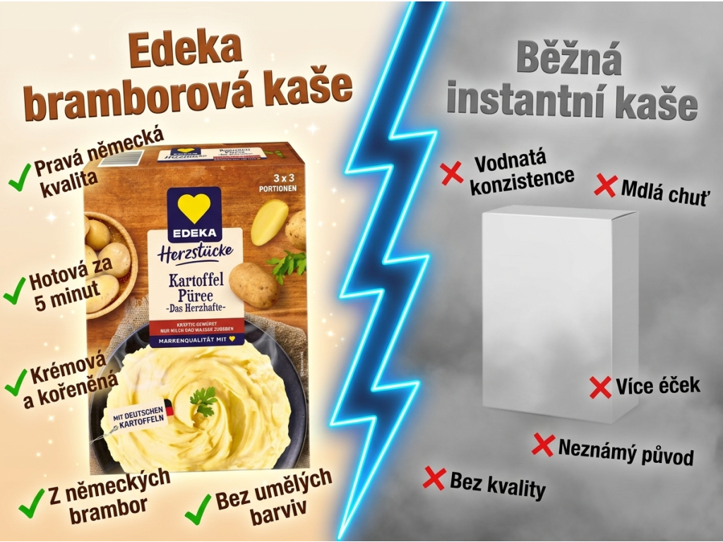Srovnání Edeka Okořeněné bramborové kaše s běžnou kaší