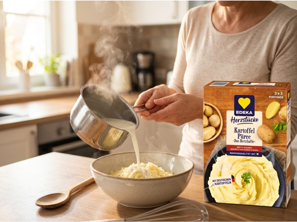 Příprava Edeka Okořeněné bramborové kaše v kuchyni