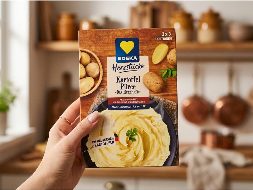 Edeka Okořeněná bramborová kaše 225 g v ruce