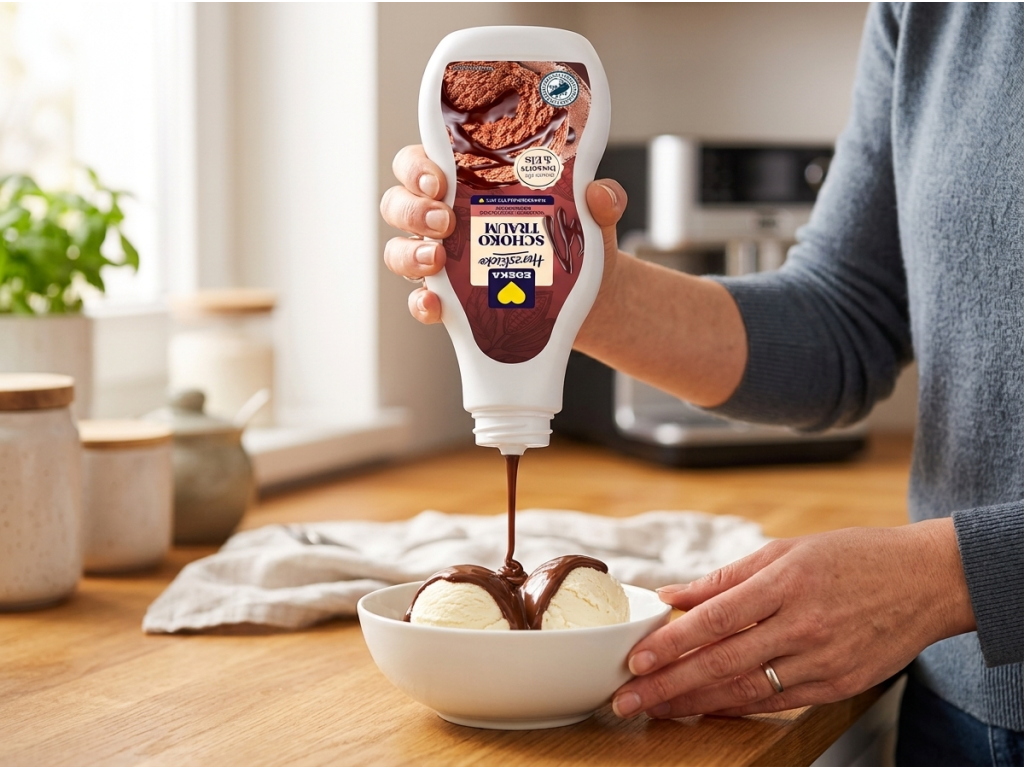 Edeka Čokoládová dezertní omáčka 250 ml - použití na zmrzlinu