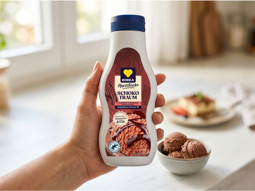 Edeka Čokoládová dezertní omáčka 250 ml držená v ruce