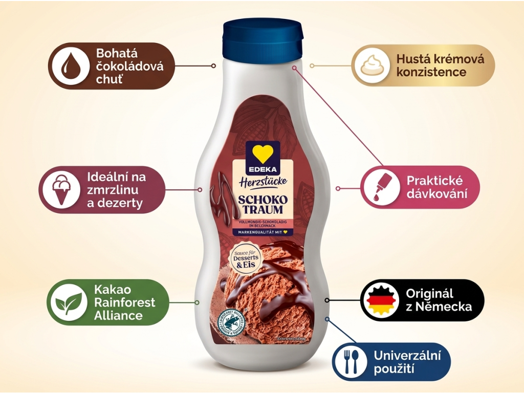 Edeka Čokoládová dezertní omáčka 250 ml - infografika s benefity