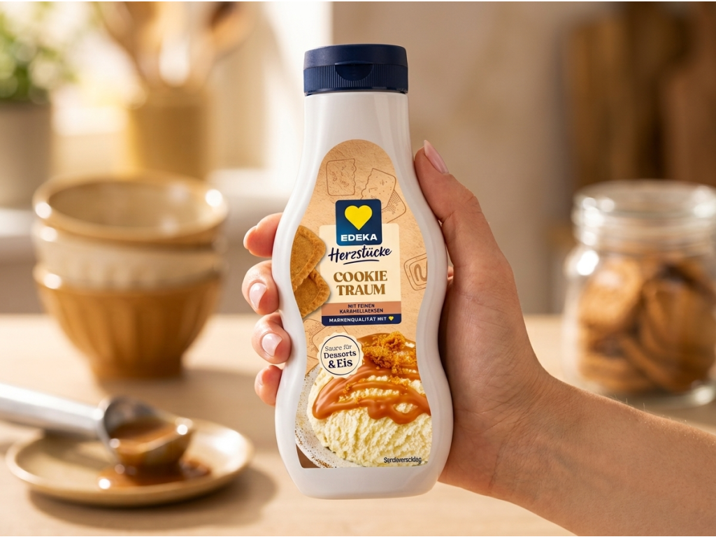 Lahev Edeka Cookie Traum karamelová poleva v ruce