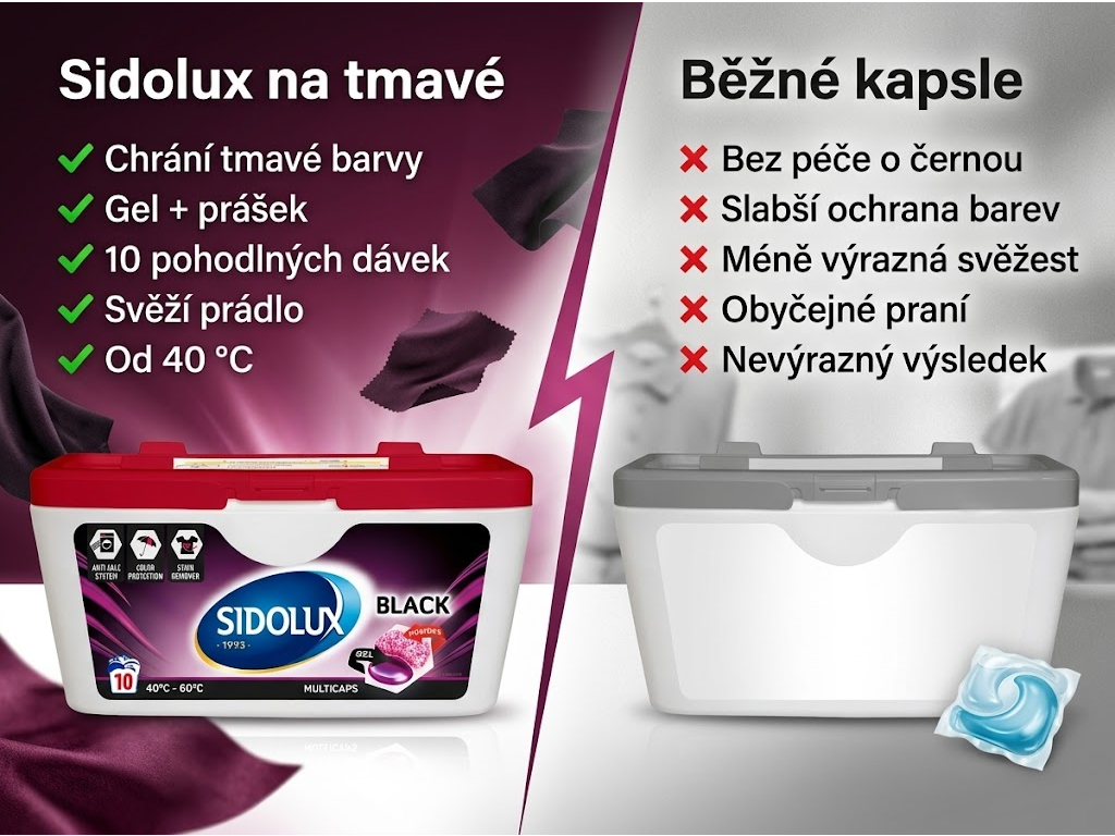 Sidolux Multicaps Black srovnání s běžnými pracími kapslemi