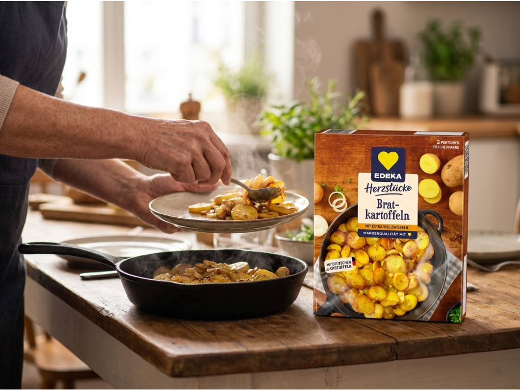 Edeka pečené brambory s cibulí 400 g - servírování v kuchyni