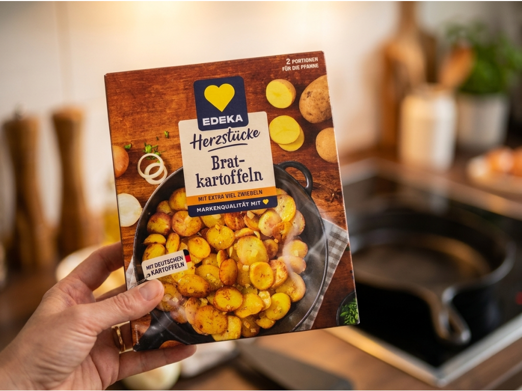 Edeka pečené brambory s cibulí 400 g - v ruce v kuchyni