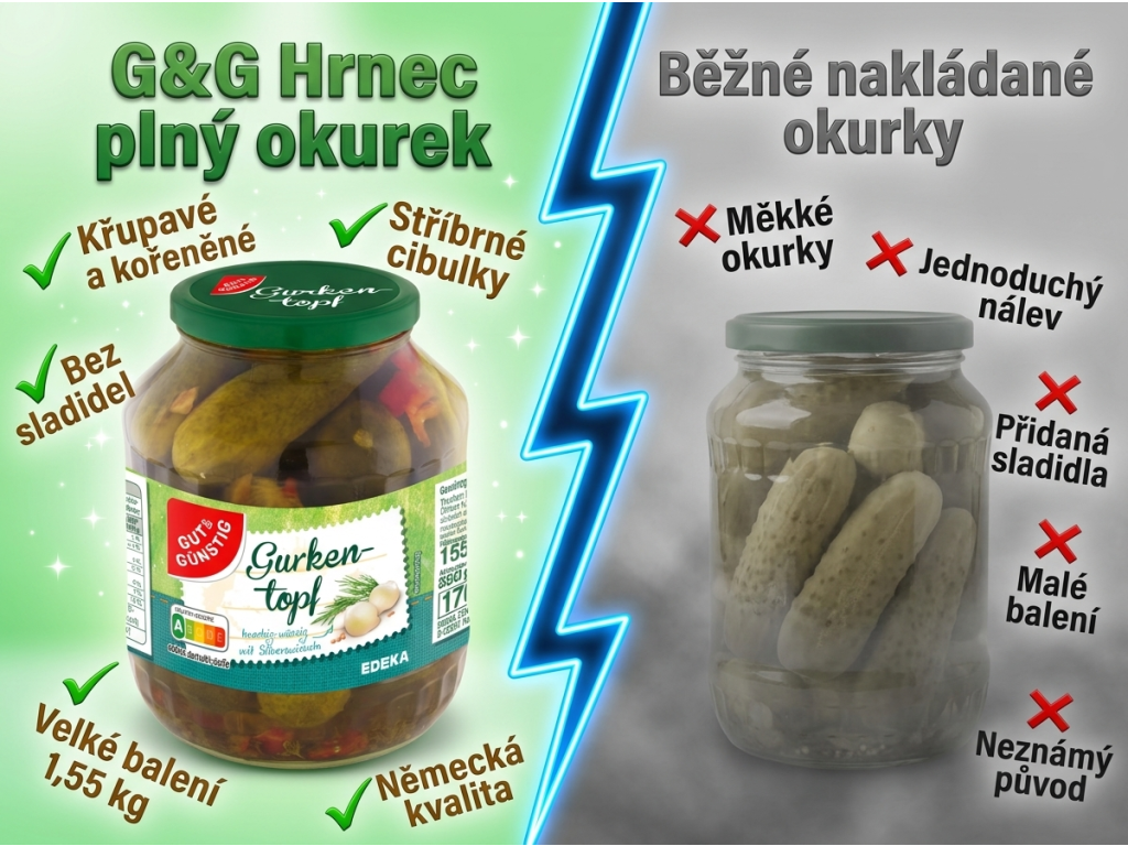 G&G Hrnec plný okurek 1,55 kg - srovnání s běžnými okurkami