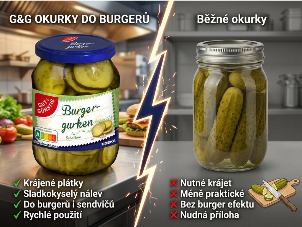 Srovnání G&G okurek do hamburgerů