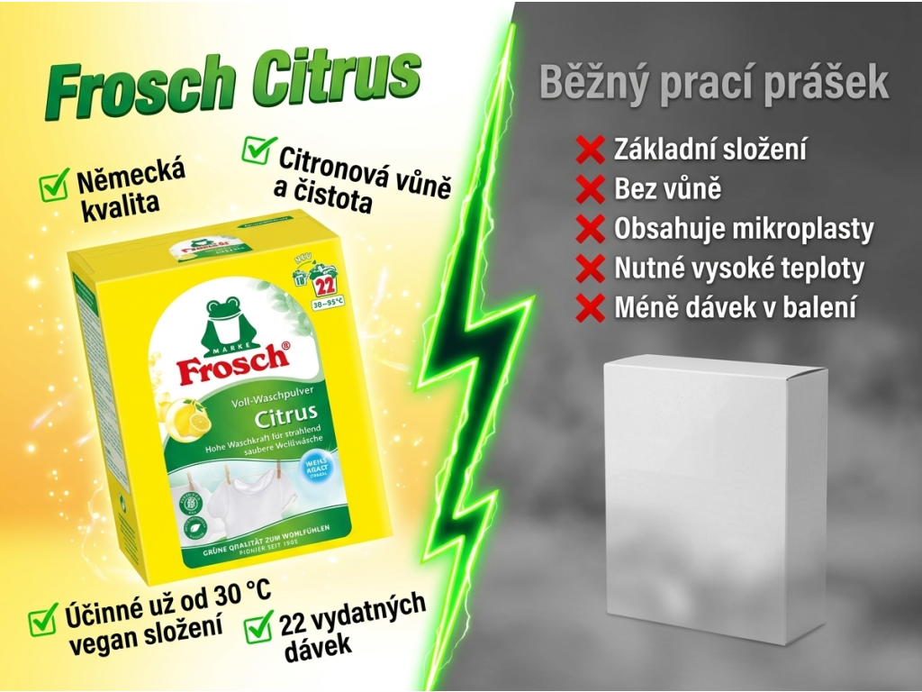Frosch univerzální prací prášek Citrus - srovnání s běžným práškem