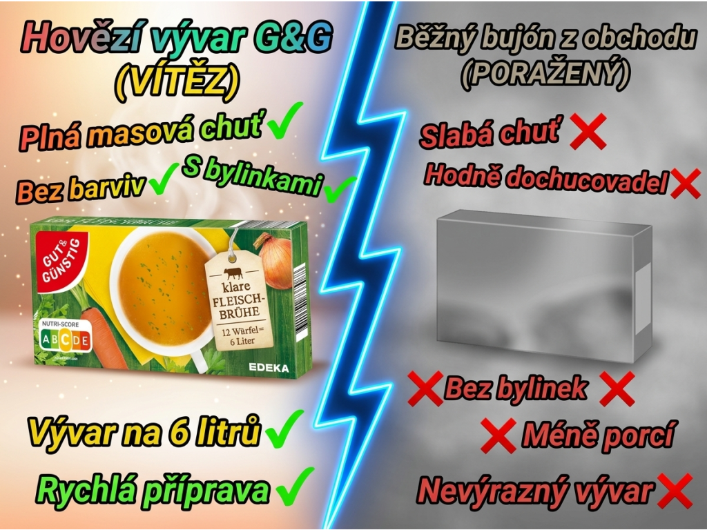 Srovnání hovězího vývaru G&G s běžným bujónem