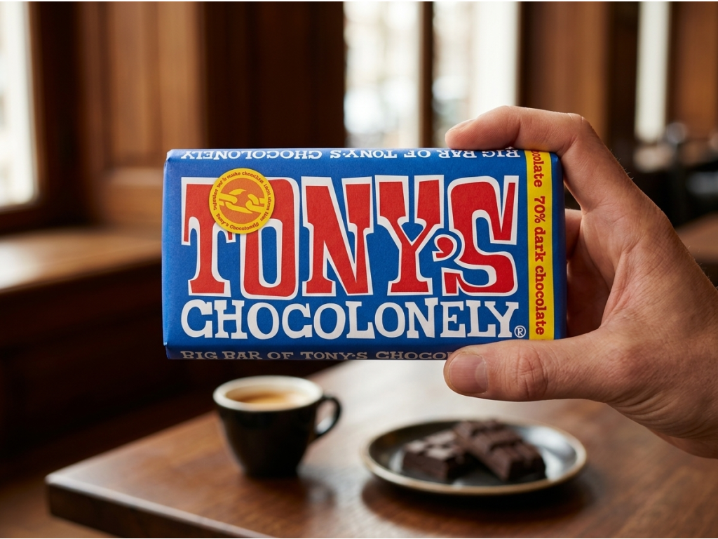 Tony's Chocolonely hořká čokoláda 70 % v ruce