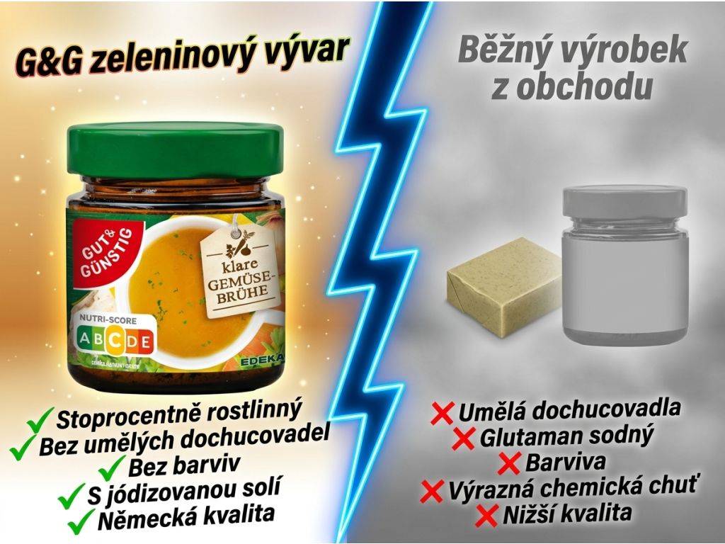 Srovnání G&G zeleninového vývaru s běžným bujónem