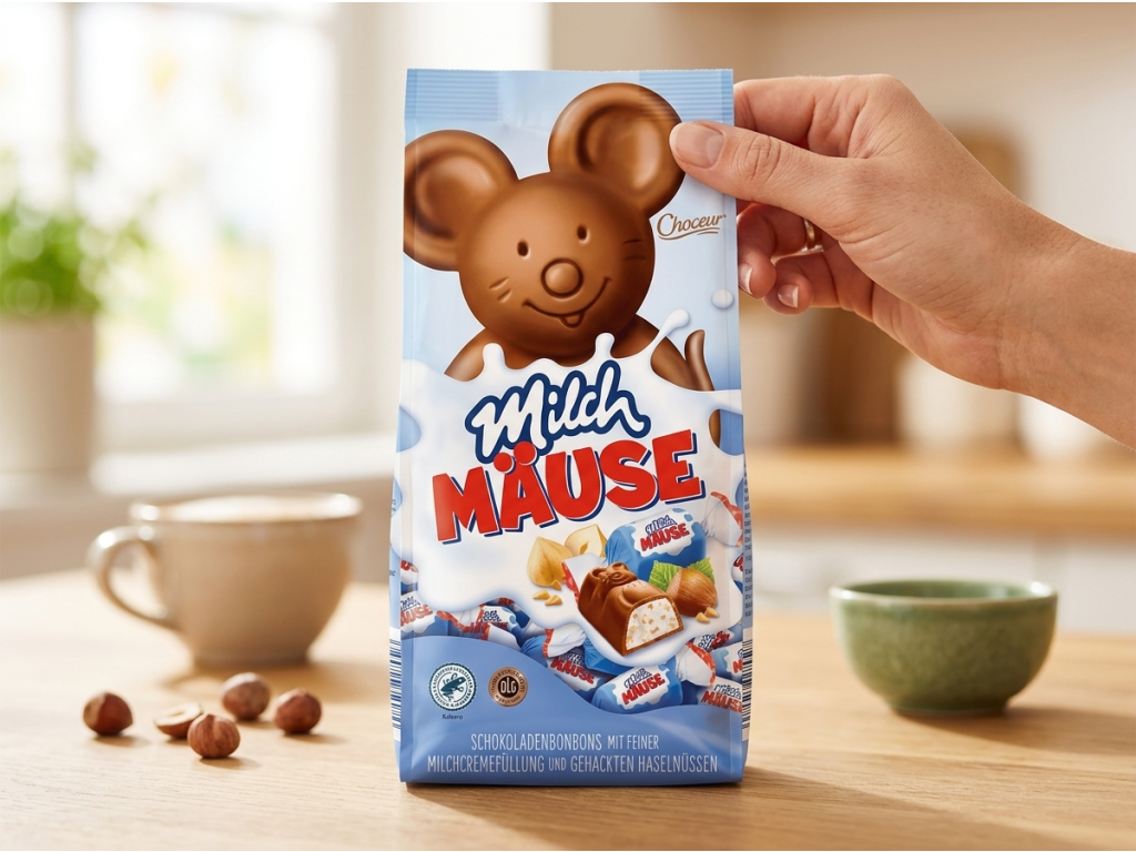 Choceur Mléčné myšky 210 g držené v ruce v kuchyni