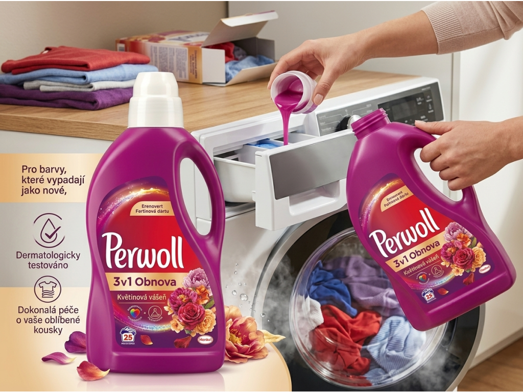 Perwoll 3v1 Renew & Květiny při dávkování