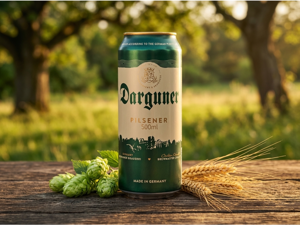 Darguner Pilsner světlé pivo v přírodě s chmelem