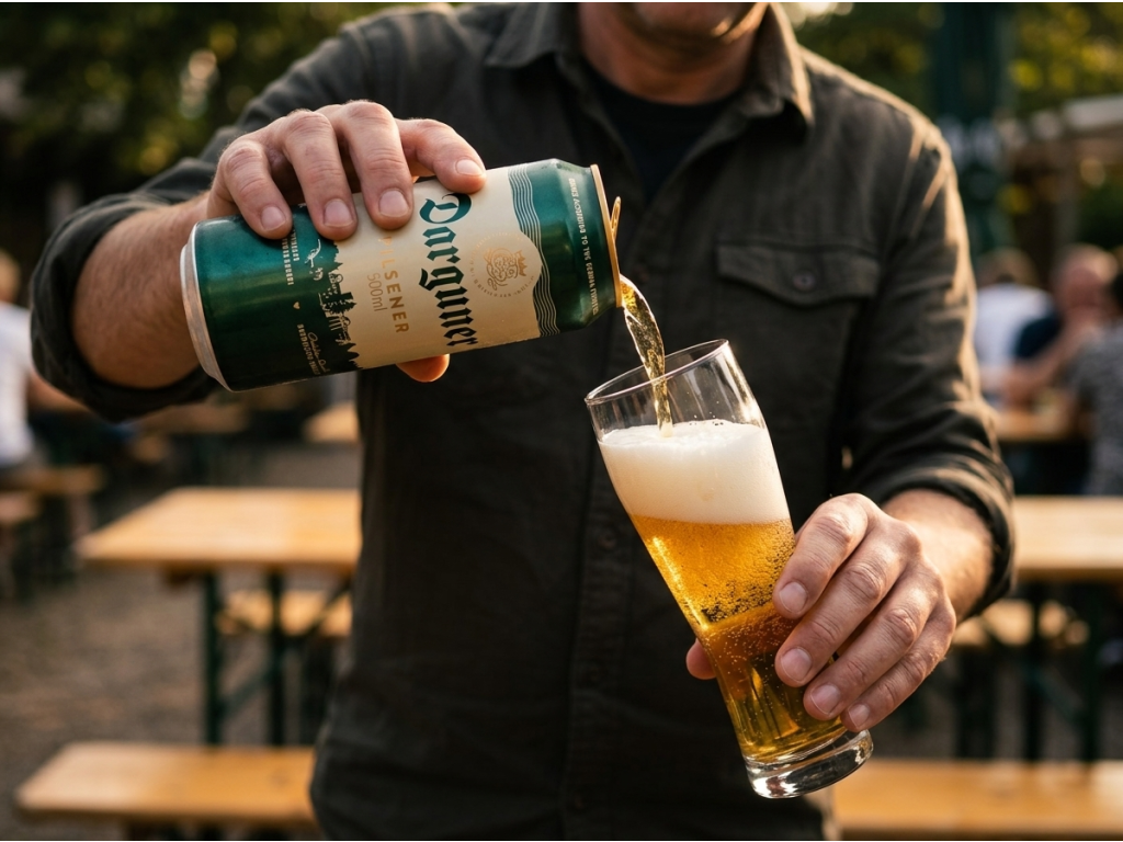 Nalévání piva Darguner Pilsner do sklenice
