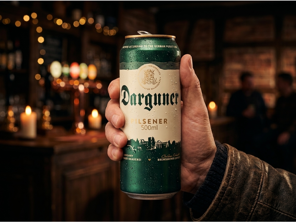Plechovka Darguner Pilsner v ruce