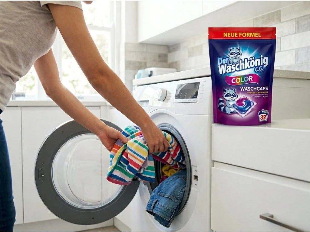 WaschKönig kapsle na praní Active Proteine 5v1 Color 32 ks - používání u pračky