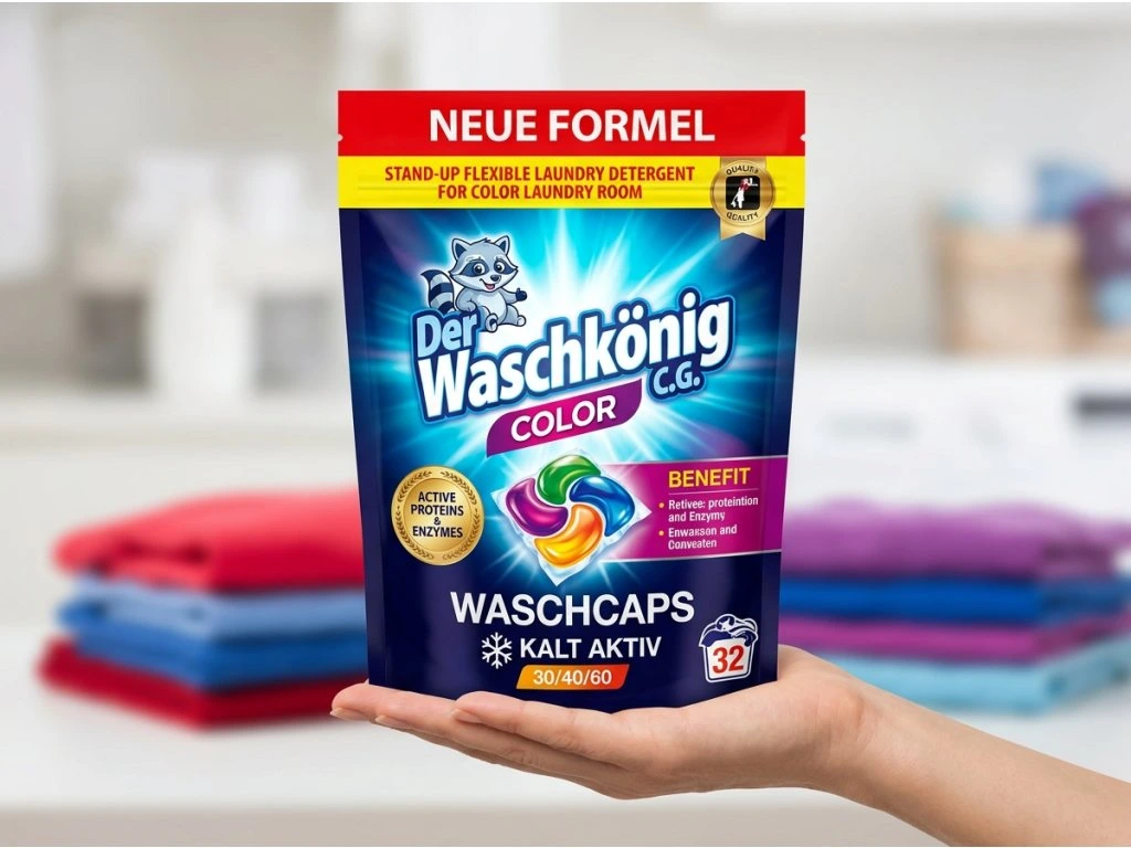WaschKönig kapsle na praní Active Proteine 5v1 Color 32 ks - detail produktu v ruce