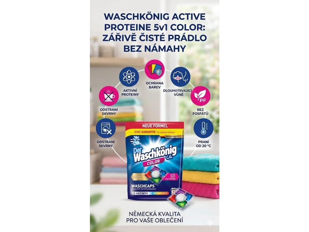 WaschKönig kapsle na praní Active Proteine 5v1 Color 32 ks - hlavní benefity