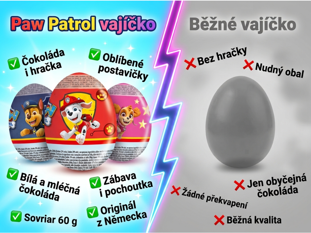 Paw Patrol čokoládové vajíčko vs. běžné vajíčko
