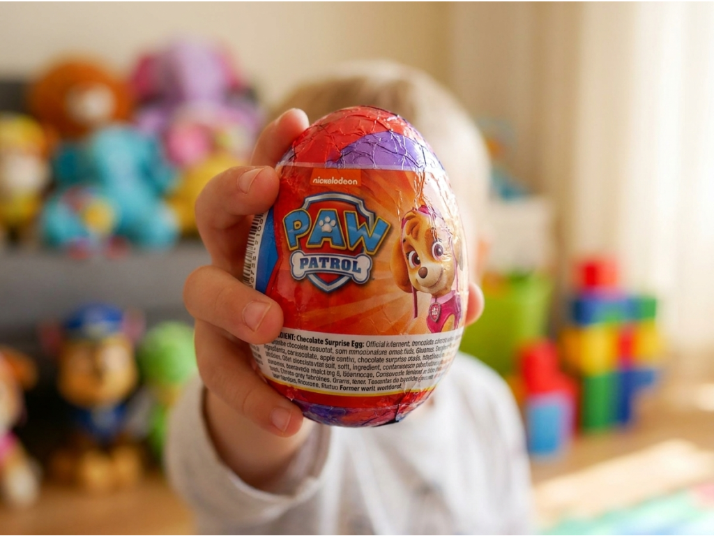 Dětská ruka drží Paw Patrol čokoládové vajíčko