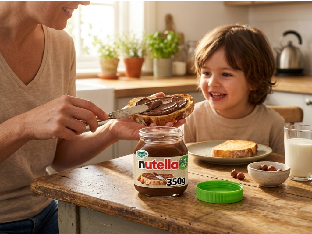 Nutella Plant Based Vegan 350 g při snídani s rodinou