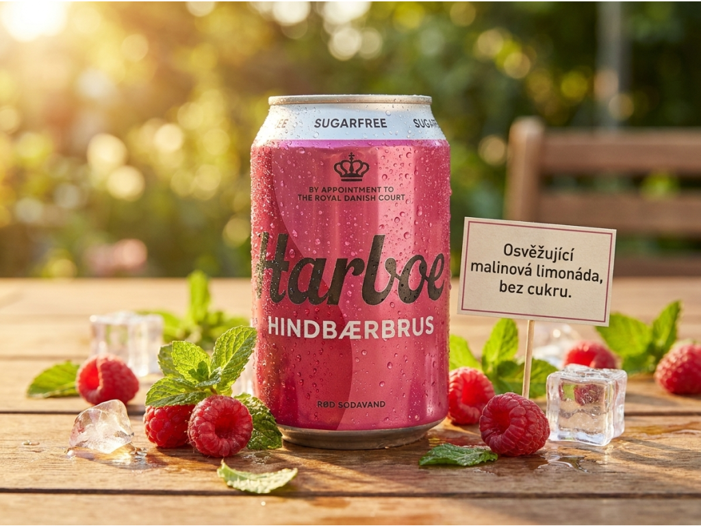 Harboe malinová limonáda s malinami a ledem