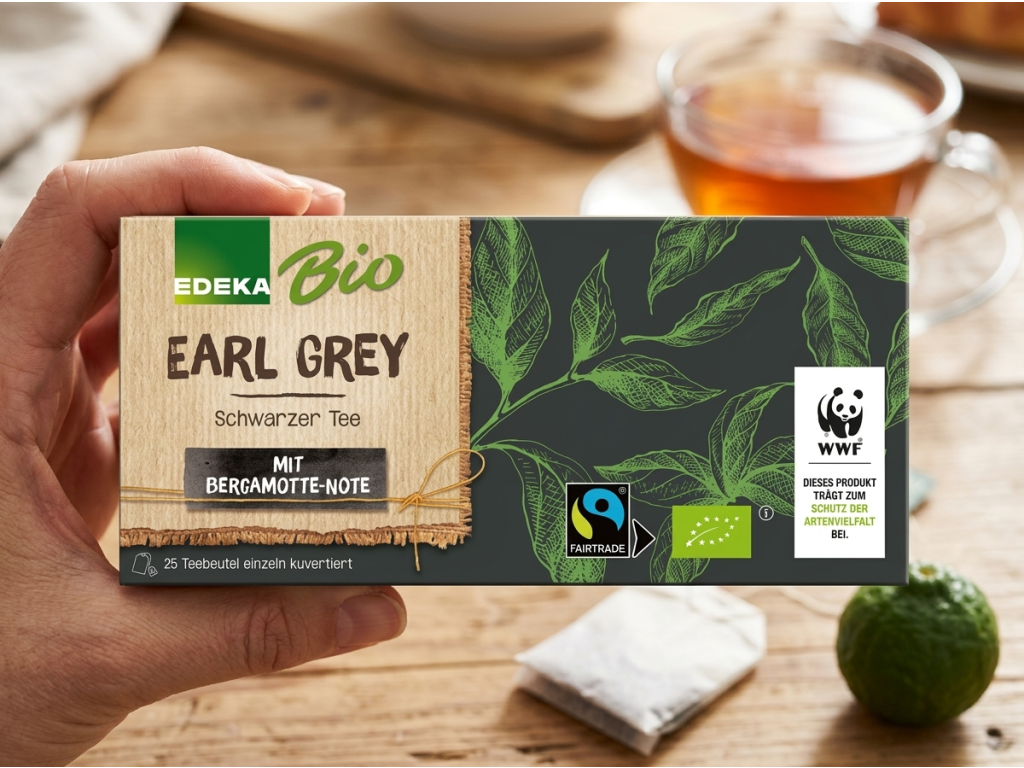 Balení Edeka Bio Earl Grey držené v ruce