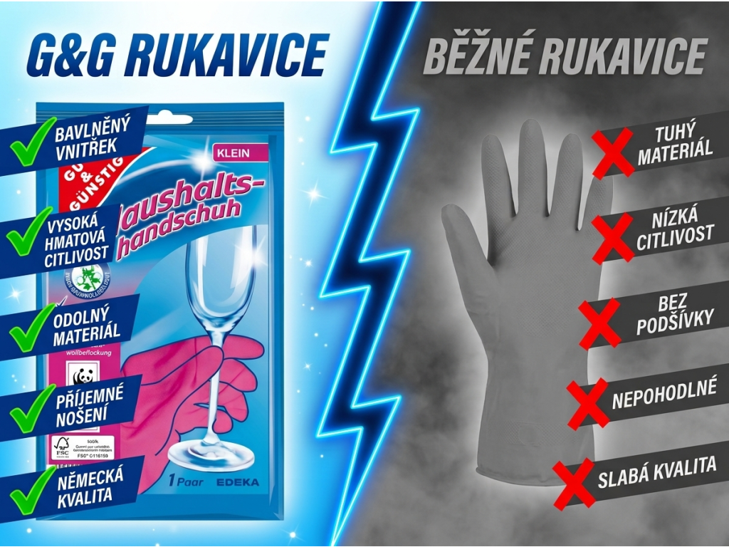 G&G gumové úklidové rukavice velikost S - srovnání s běžnými rukavicemi