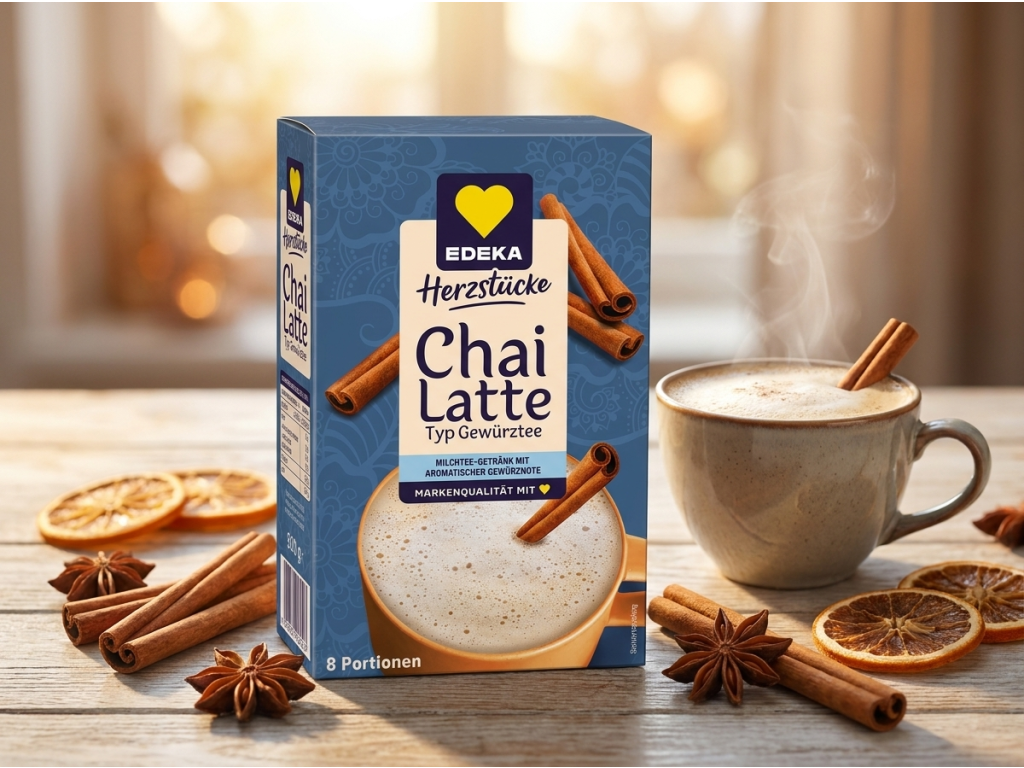 Edeka Chai Latte v kořeněném zimním zátiší se skořicí