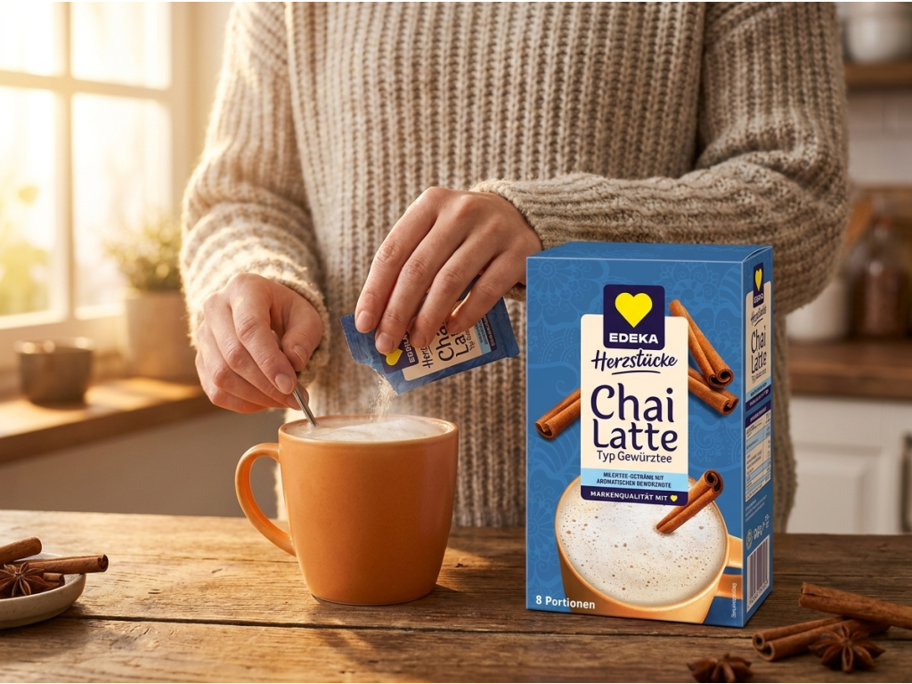 Příprava krémového chai latte z porcového sáčku Edeka
