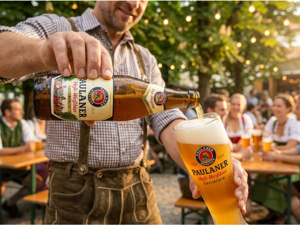 Muž nalévá Paulaner Hefe-Weißbier do sklenice