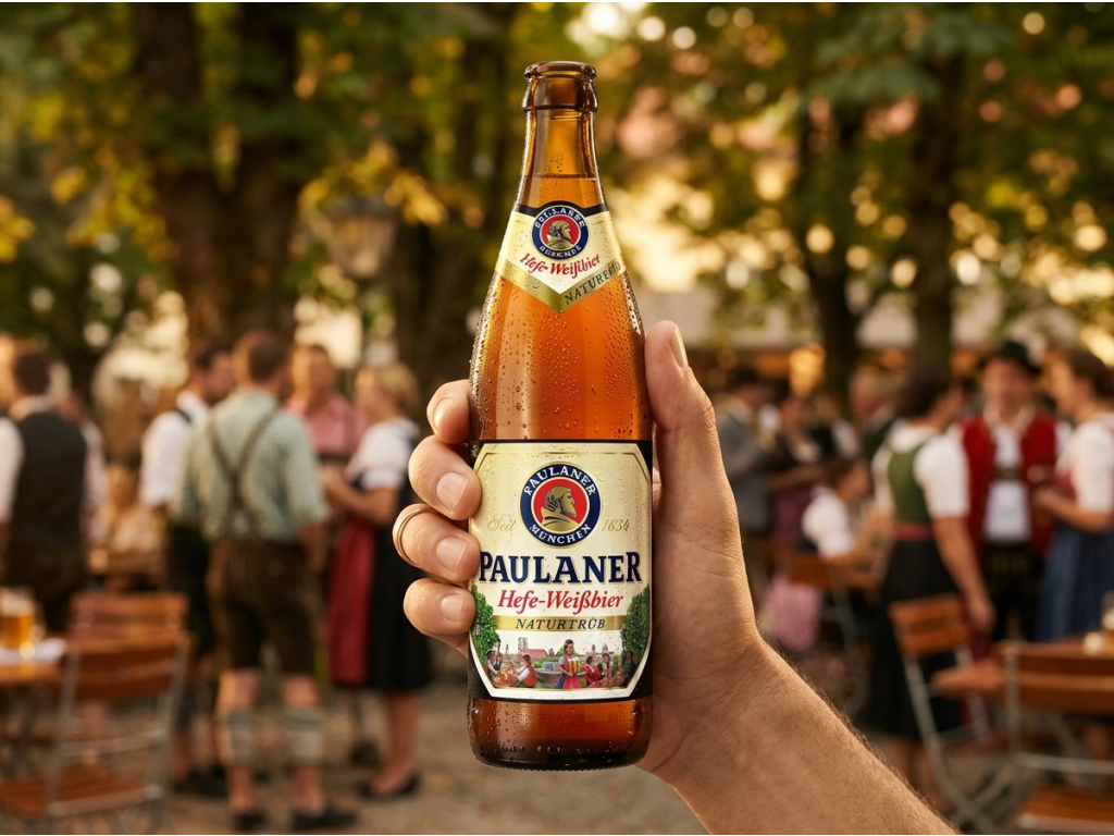Paulaner Hefe-Weißbier Naturtrüb držené v ruce