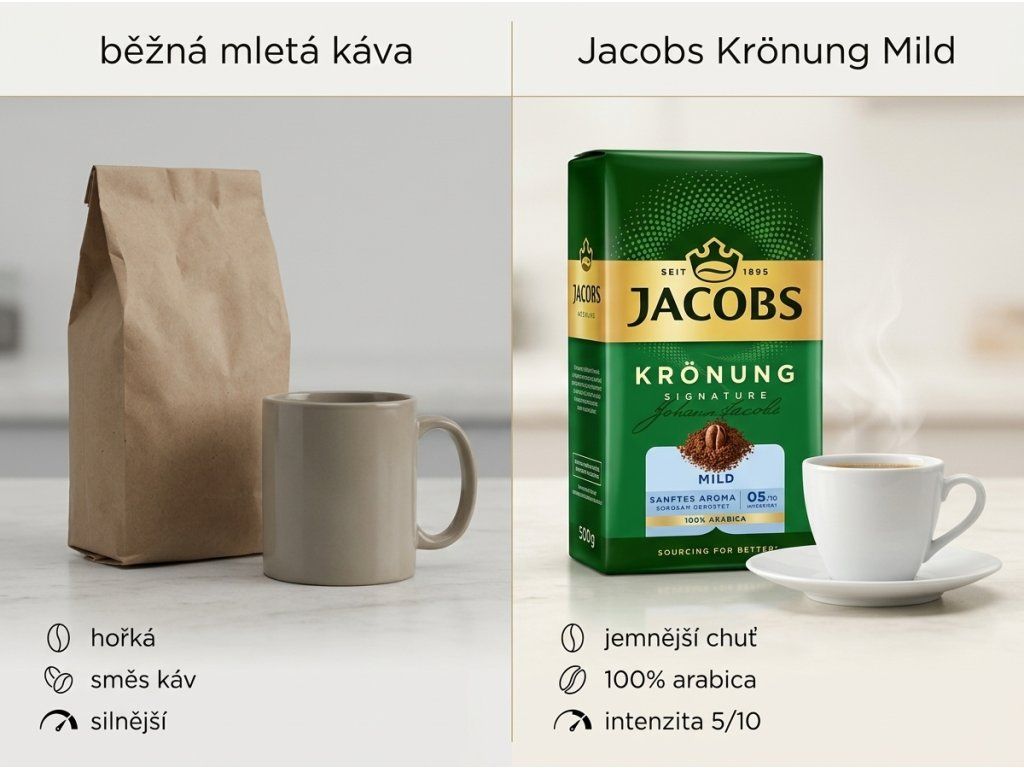 Srovnání Jacobs Krönung Mild s běžnou mletou kávou
