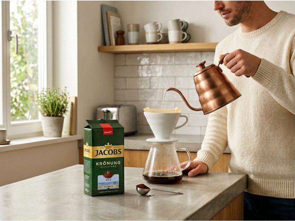 Příprava kávy Jacobs Krönung Mild v běžném domácím použití