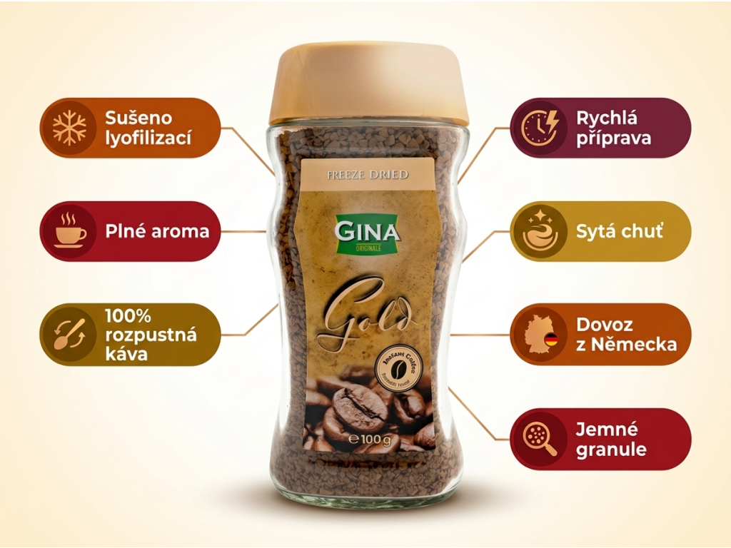 Gina Instantní káva Gold 200 g - infografika výhod