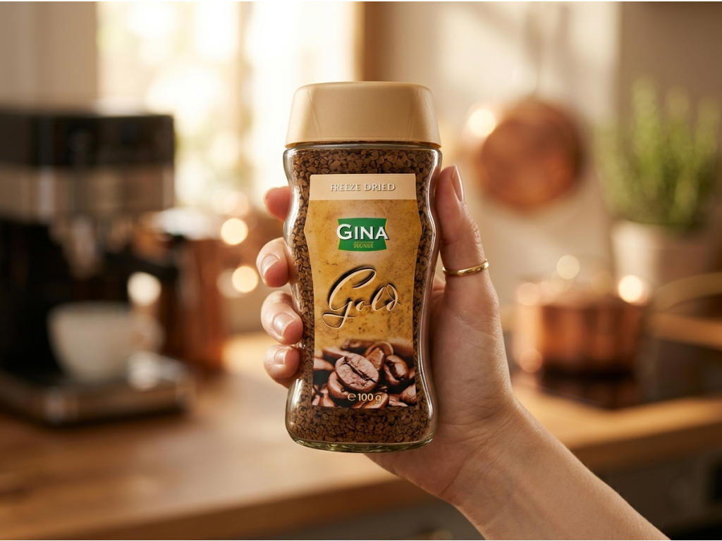 Gina Instantní káva Gold 200 g v ruce
