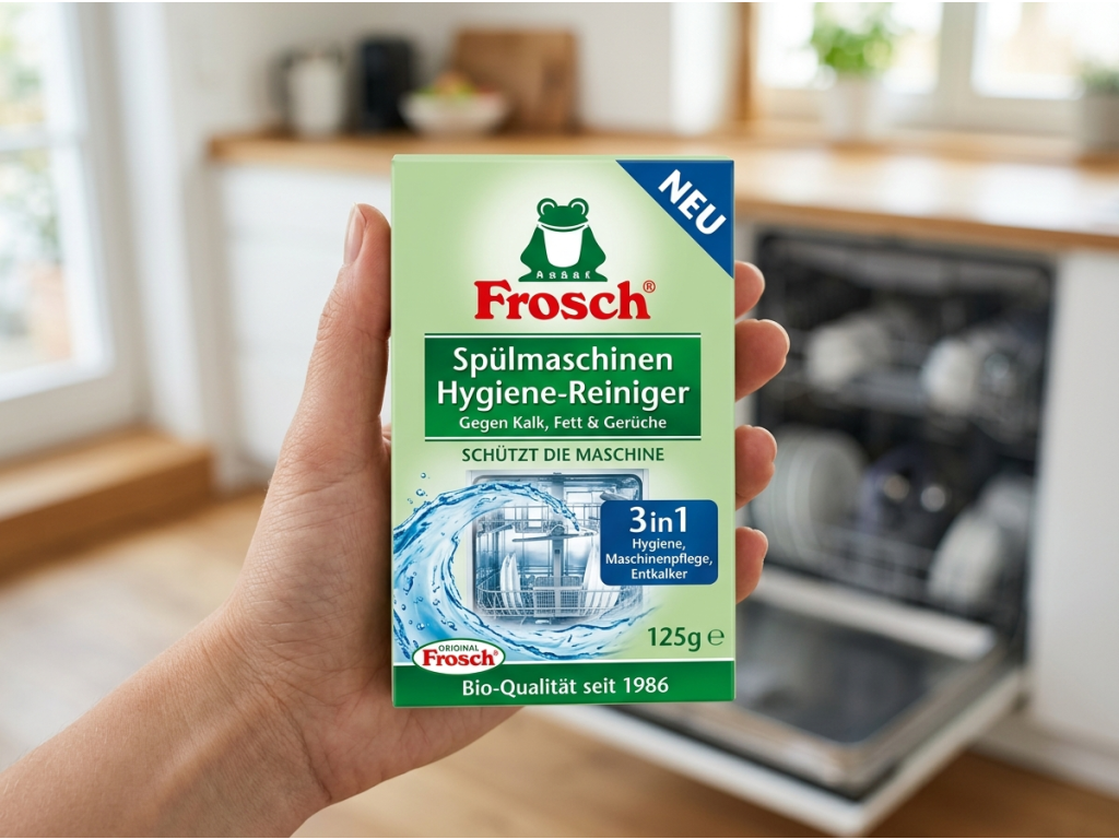 Balení Frosch hygienického čističe myčky 3v1 držené v ruce