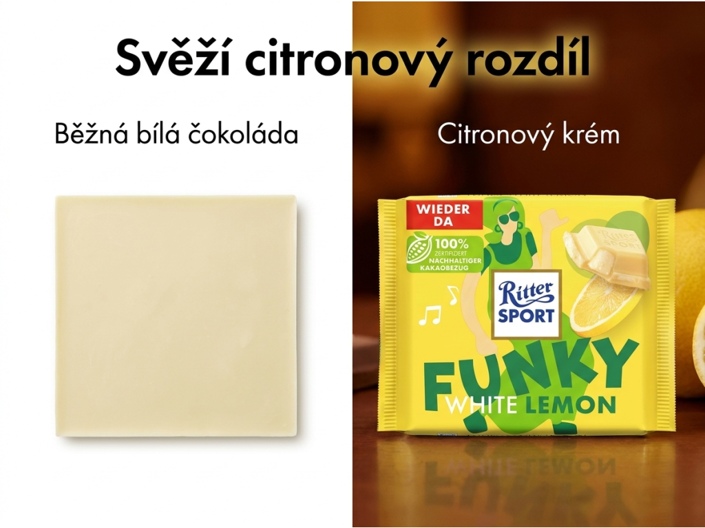 Srovnání Ritter Sport Funky White Lemon s běžnou bílou čokoládou